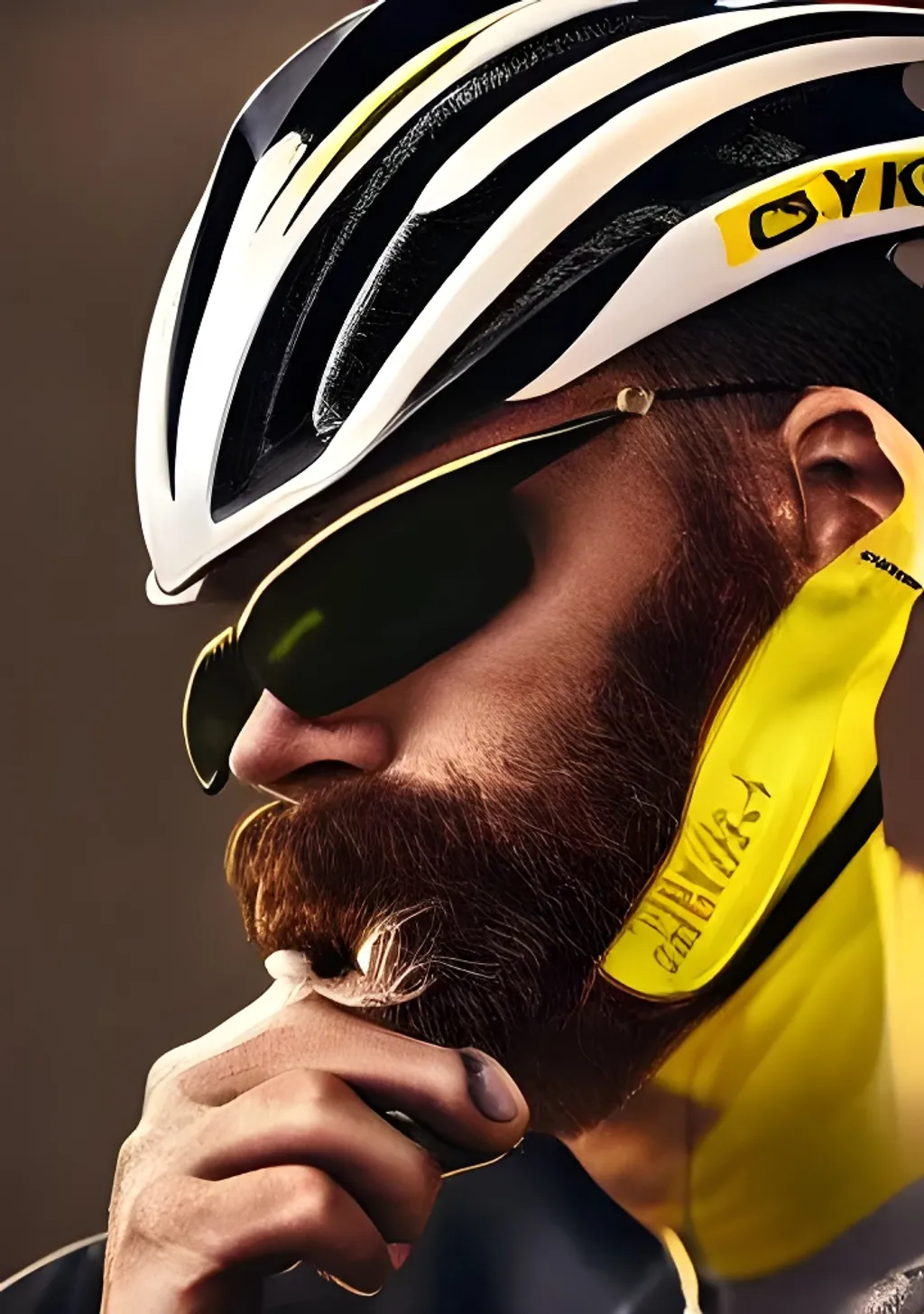 Prompt: bicyclist wearing a bike helmet,, yellow jersey, handsome rugged man, auburn hair, early 30's, short auburn beard, dark brown eyes, breathtaking, slender muscular man, detailed eyes and facial features, artgerm, low angle shot, digital painting, masculine, manly, fantasy atmosphere, great composition, vivid cinematic lighting, cinematic shot, extremely cinematic, detail, realistic