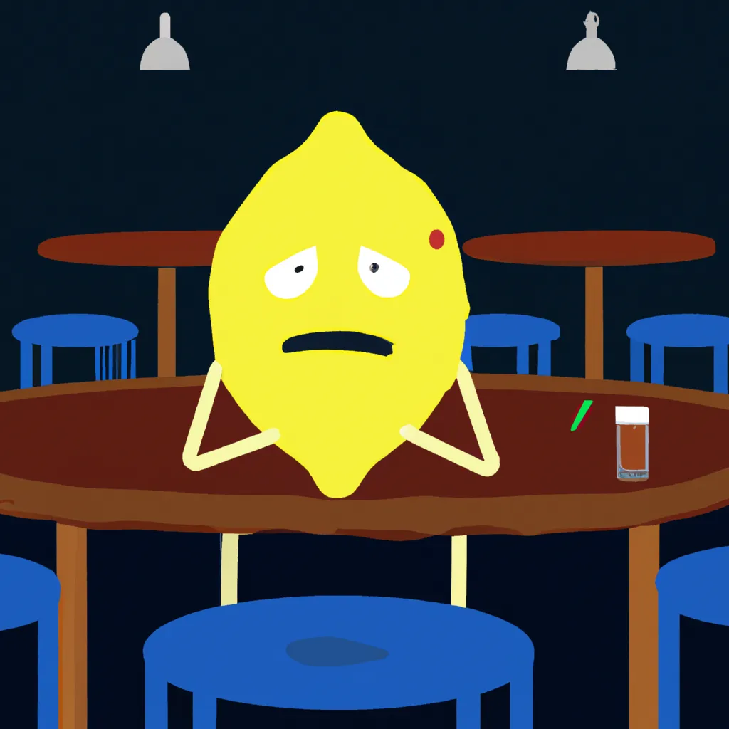 Prompt:  a sad lemon character with big sad eyes and a face covered in bruises is sitting alone at a table in a dark bar as everyone around them drinks and laughs