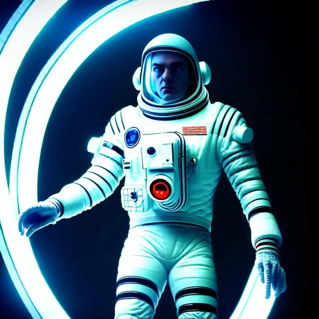 Prompt: Wide angle of a white Futuristic Cyberpunk Space Suit, confidently facing towards the camera with swagger,Cinematic Stanley Kubrick movie still with the iconic big circular ring lights in the background, 8K, digital art, unreal engine 5 render, octane render, photorealistic, photography, professional lighting and composition, award winning, intricate details, iconic movie shot by Stanley Kubrick with ring lights