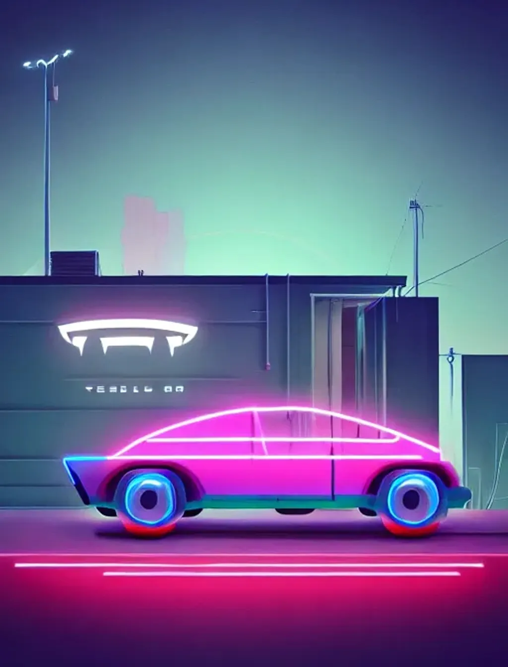 Prompt: Neon lights ,Tesla home steel truck,  detailed illustration beeple,trending on Artstation 