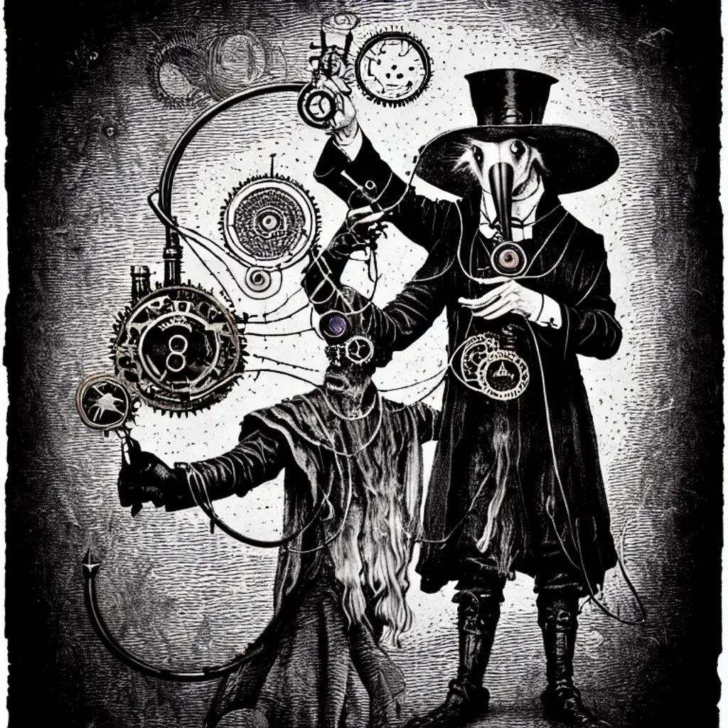 Prompt: portrait of an steampunk antropomorphic Anteaters wizard with a monocle, holding a spellbook, conjuring an old soul in order to reestablish balance in the world, hyperrealistic, 8k, drawing with ultrafine lines, mystic vibes in tarot card, three eyes, mildly pscyhedelic, cannabis, black and white with ultrafine!!!! lines