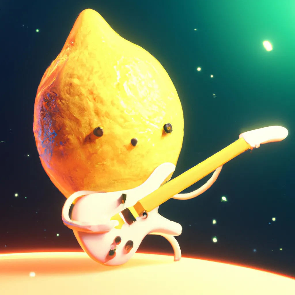 Prompt: Cute lemon playing the guitar in space, 3d style, trending on artstation, really beautiful, devianart