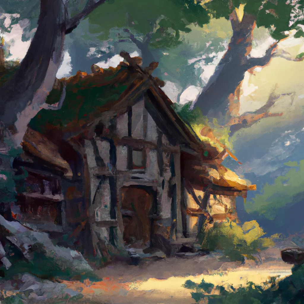 Prompt: a painting of a house in the middle of a forest, concept art by Tyler Edlin, Artstation, fantasy art, artstation hq, concept art, artstation hd