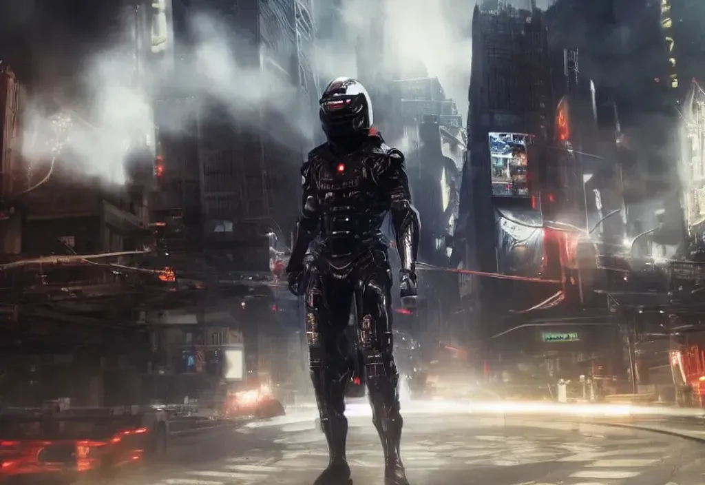 Prompt: highest quality portrait of a ninja robot standing, futuristic city background, surrounded by smoke, action pose, dramatic angle, cinematic cold color palette, spotlight, hyperrealistic, super detailed, high quality, sharp focus,intricate details, highly detailed, dynamic lighting, detailed and intricate environment,  cinematic Hollywood visual, detailed blured environment,