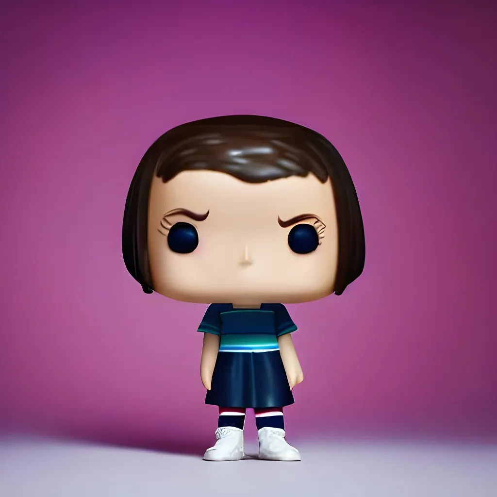 Prompt: Funko pop of Eleven from stranger things figurine, made of plastic, product studio shot, on a white background, diffused lighting, centered