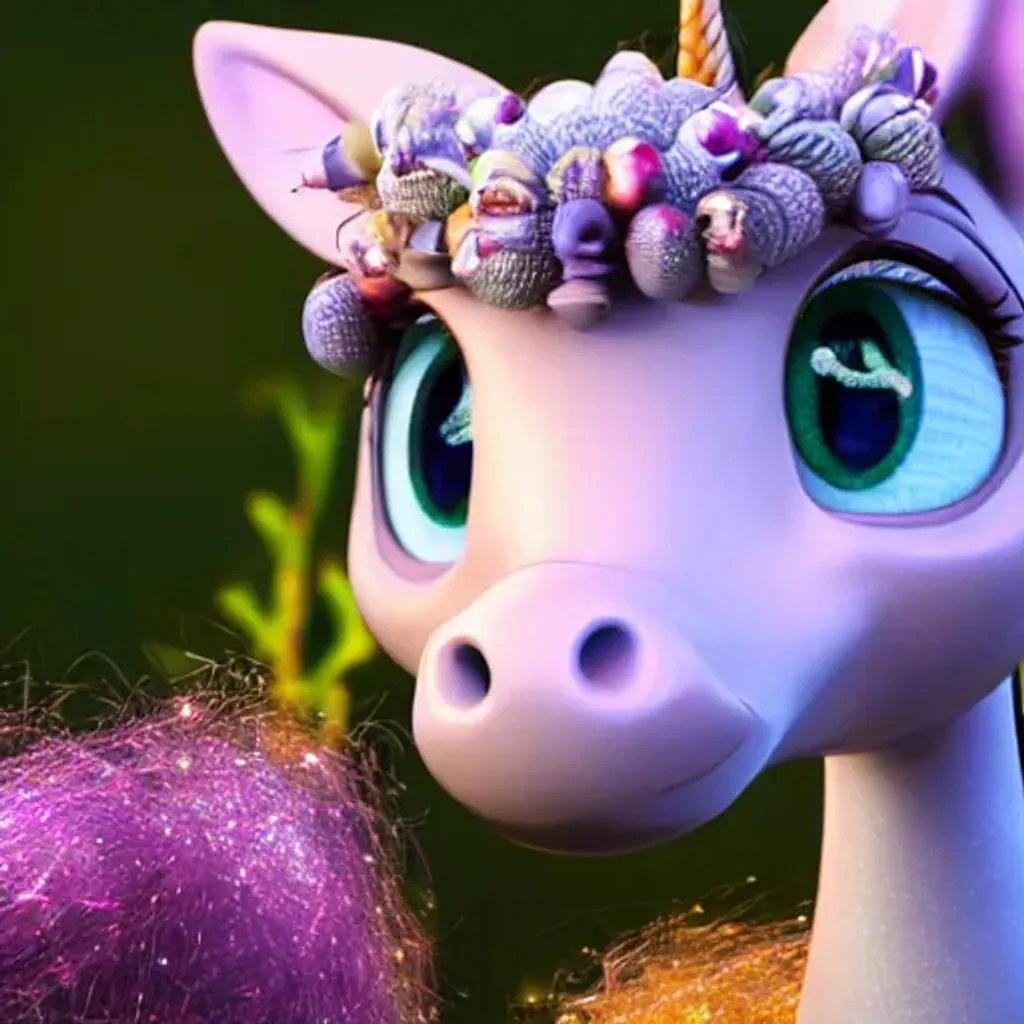 Prompt: cute, highly detailed,  Pixar render, beautiful cute faced, highly detailed, big innocent eyes, long eyelashes light pink light yellow unicorn sitting on a bed of thorns muted colors, large sparkling eyes, pretty pointy small ears, curly highly detailed colored white cream yellow mane and tail, pretty sparkly horn on head, large highly detailed pretty rainbow, standing cutely in glittery highly detailed clouds, digital art, colorful floral, kawaii chibi, hyper realistic, intricate detail