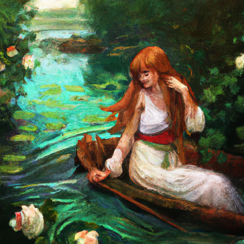 Prompt: "The Lady of Shalott" by John William Waterhouse, in the style of Anna Dittmann 