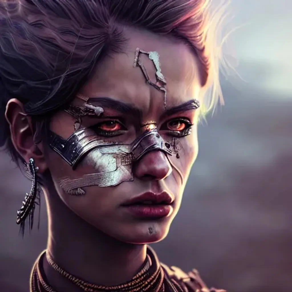 Prompt: A close-up portrait of a young woman with a fierce, determined expression and a rich, intricate costume, wasteland background, accurate anatomy, highly detailed, digital painting, concept art, smooth, sharp focus, illustration, Unreal Engine 5, 8K, art by Yana Toboso