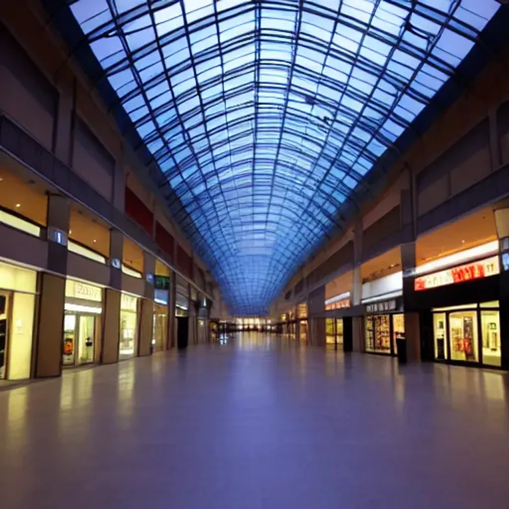 Prompt: liminal empty modern mall at night, with creepy people