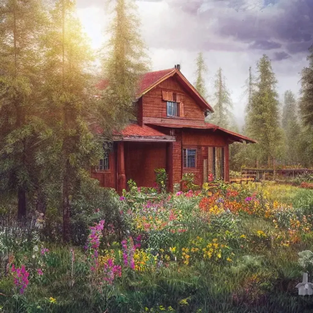 Prompt: hyper realistic image of a two-storey wooden dacha with the garden after rain, in a pine tree forest, sun just came out, puddles, flowers,  very detailed, Ivan Shishkin style, HDR, UD,  64K, soft light, trending on artstation