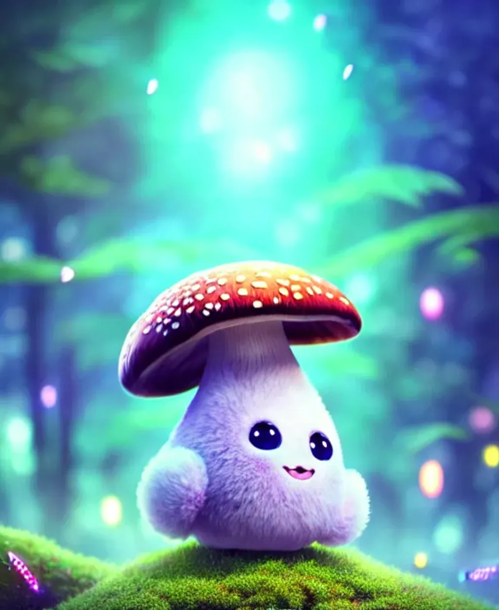 Prompt: cute kawaii creature made from a mushroom, large anime eyes, concept character, bokeh effect, magical lighting, weed, lsd, beautiful glowing lights, bio-luminescence, stunning, intricate, hyperdetailed, 32k poster art, octane render, hyperion render, professional realistic matte painting by pixar, luke chueh, matt dangler, centered