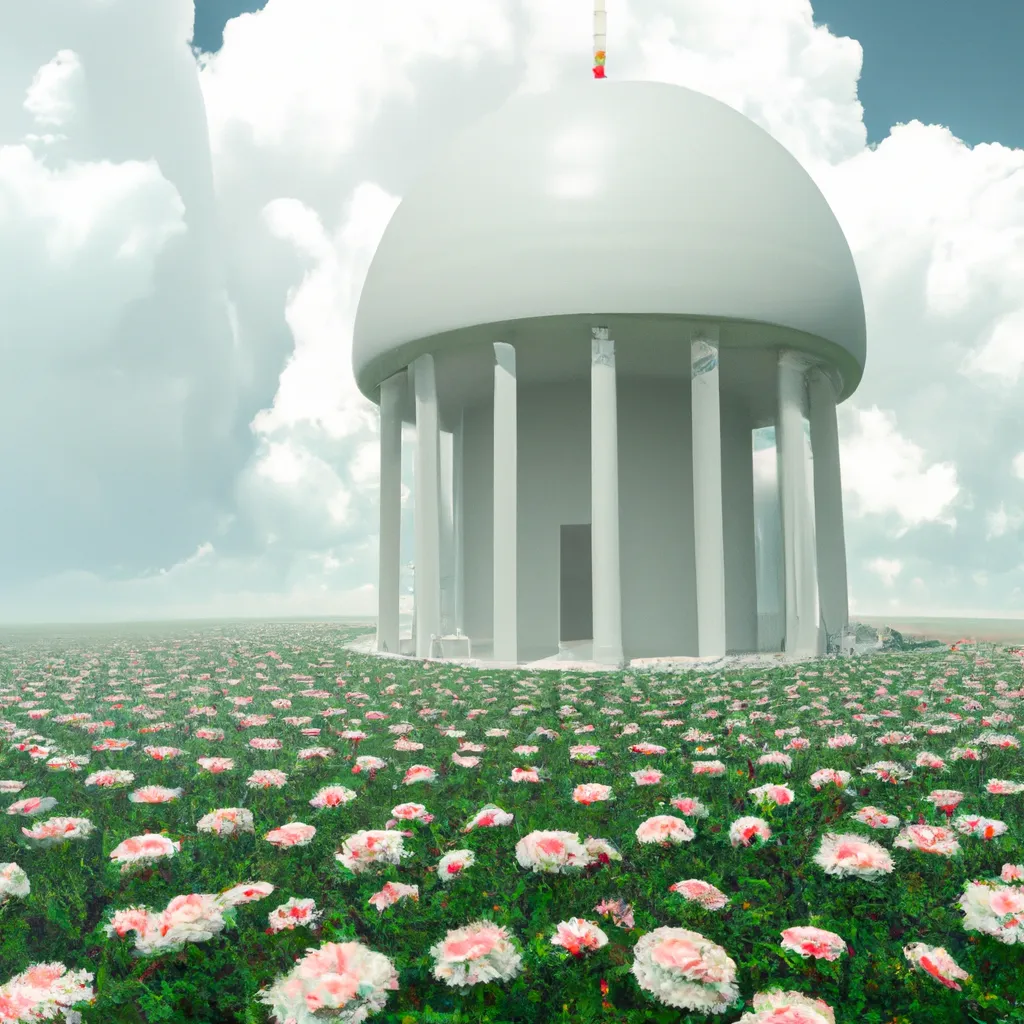 Prompt: a white spherical church floating above a field of roses. doric architecture