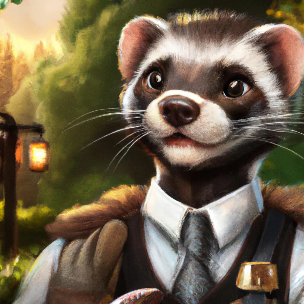 Prompt: male dressed as furries, ferret fursona bust portrait shopkeeper with shelves, smiling with wares, ascot tie and vest, trending on artstation, ilse gort, caraid, Vekke, blackteagan,  green forest maple tree background, character design, anthropomorphic, dramatic lighting, 8k, portrait, realistic, fine details, photorealism, cinematic, intricate details, fine brush, cinematic lighting, no blur, photo realistic 8k