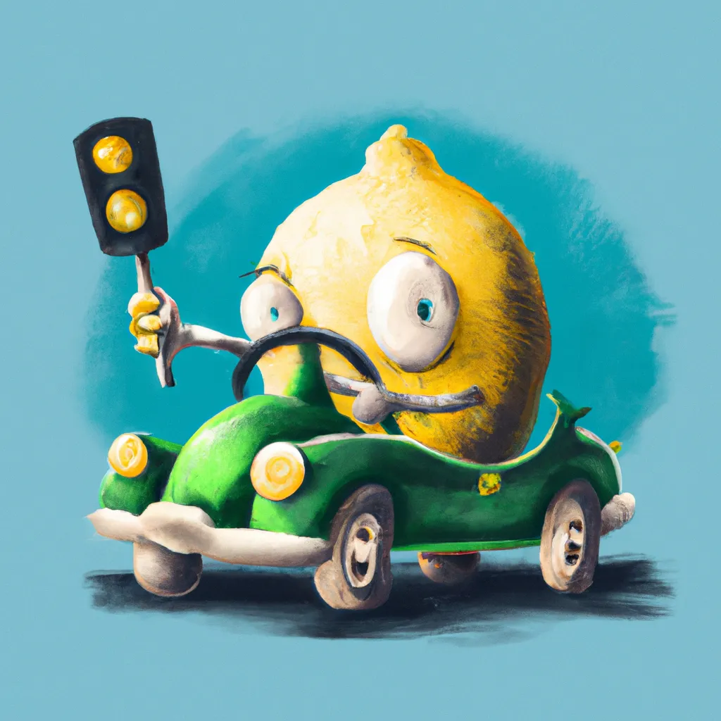 Prompt: A lemon driving a car, digital art