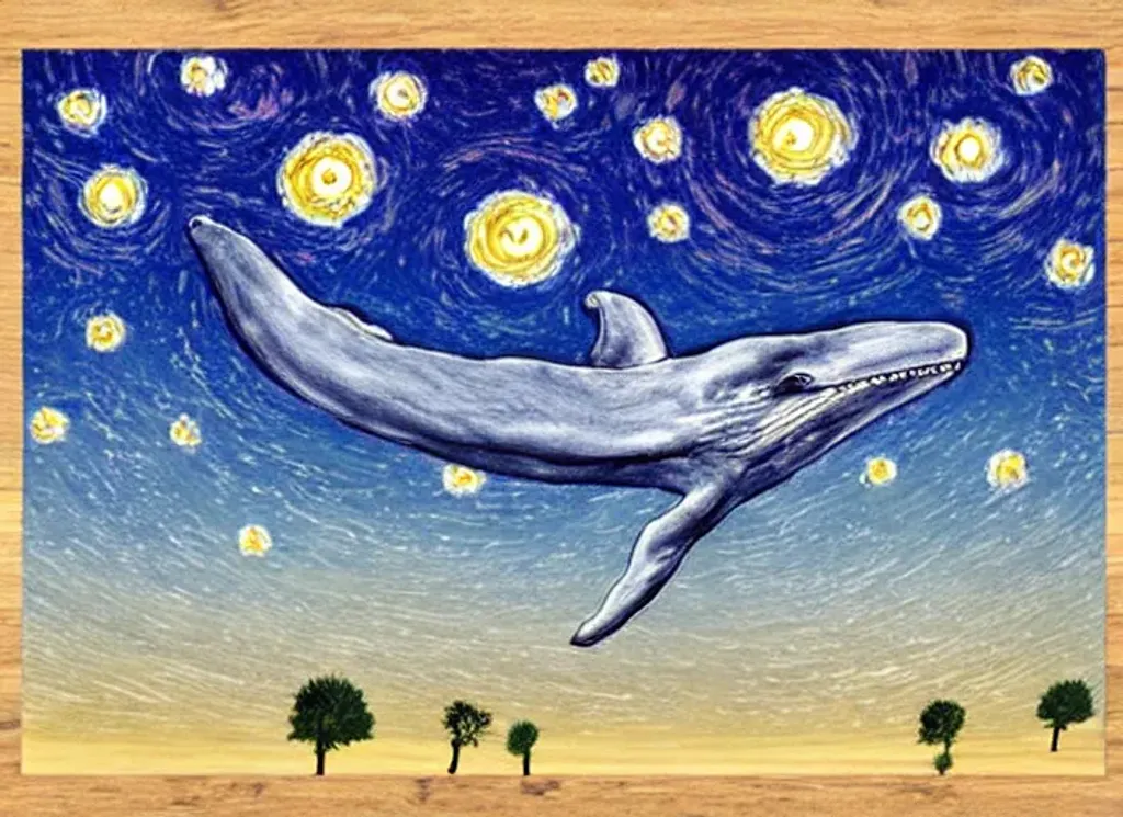 Prompt: Flying whales in a rosemary field starry night style 