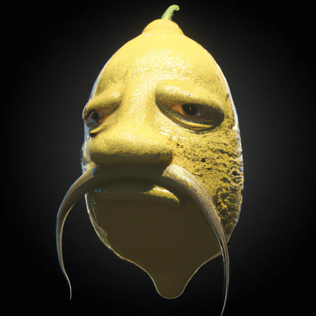 Prompt: A creepy crying lemon with long mustache, dark atmosphere background, portrait, 3D render, realistic, surface details, intricate details, hard lighting, dark mode, 8k, unreal engine