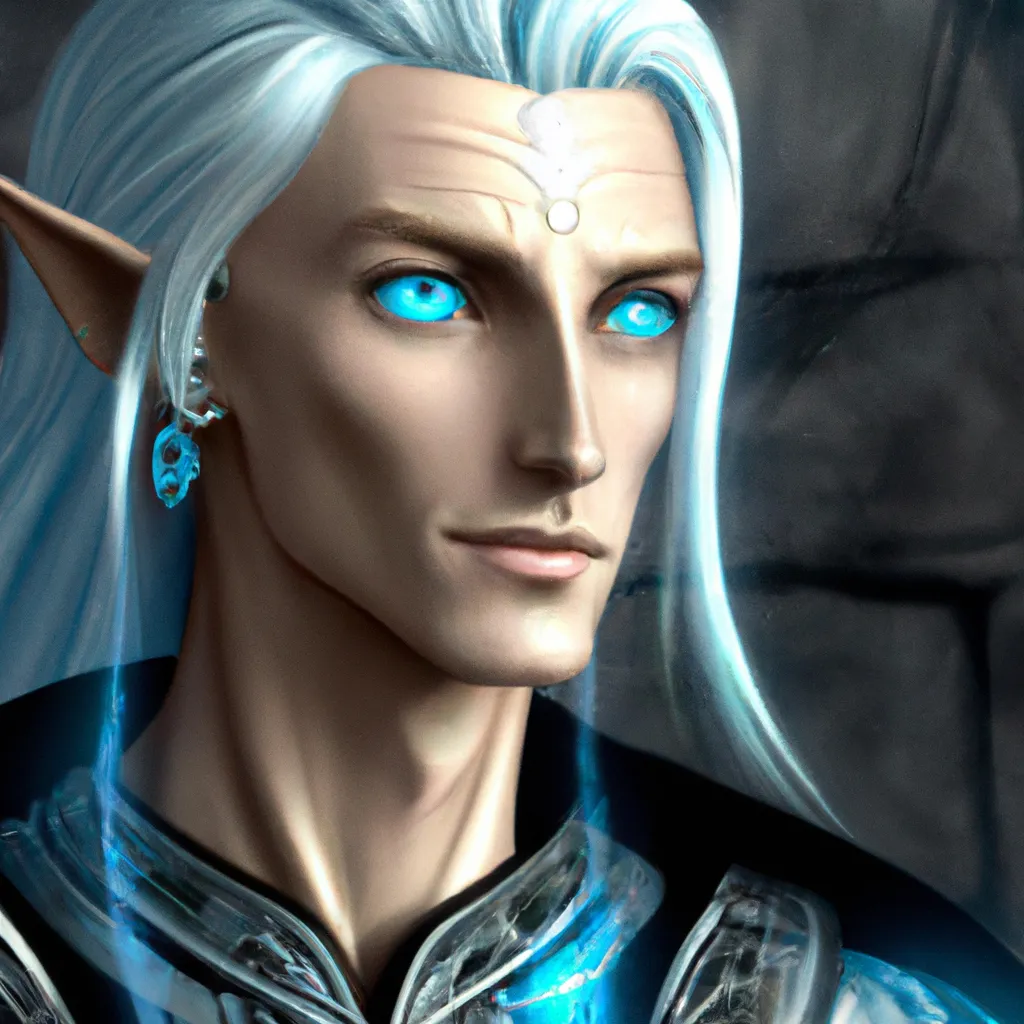 Prompt: Character portrait of a slender young half elven man with white hair, piercing turquoise blue eyes, and pale blue skin, wearing sleek pearlescent black armor, by greg rutkowski and mark brookes and jim burns and tom bagshaw and magali villeneuve, trending on artstation