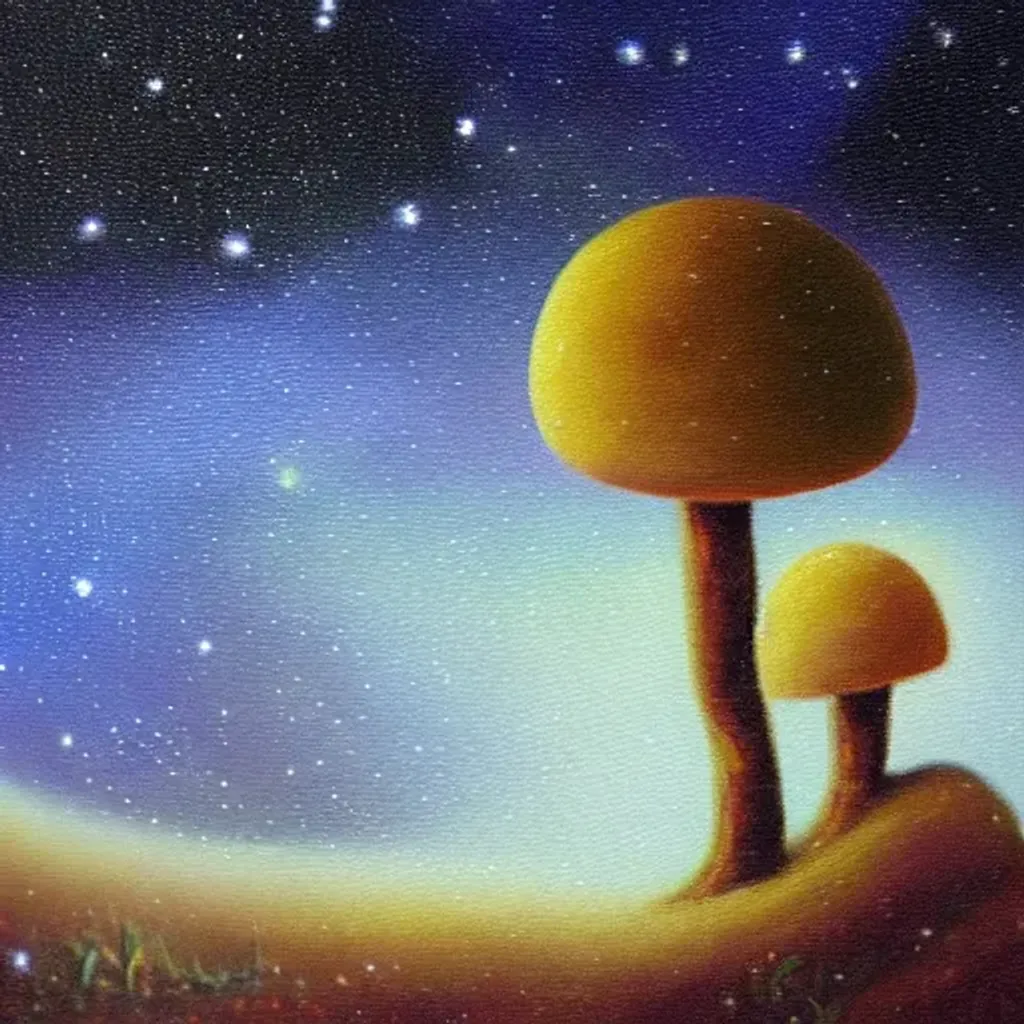 Prompt: Oil painting of a tiny cute fungi in the stars landscape by Alejandro Bursido
