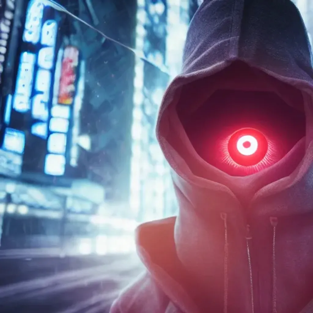 Prompt: male red-eyed happy superhero, hooded cape, glasses, neon lights, cyberpunk style, 3d render, highly detailed, reflections, 8k, Ultra Realistic, Beksinski