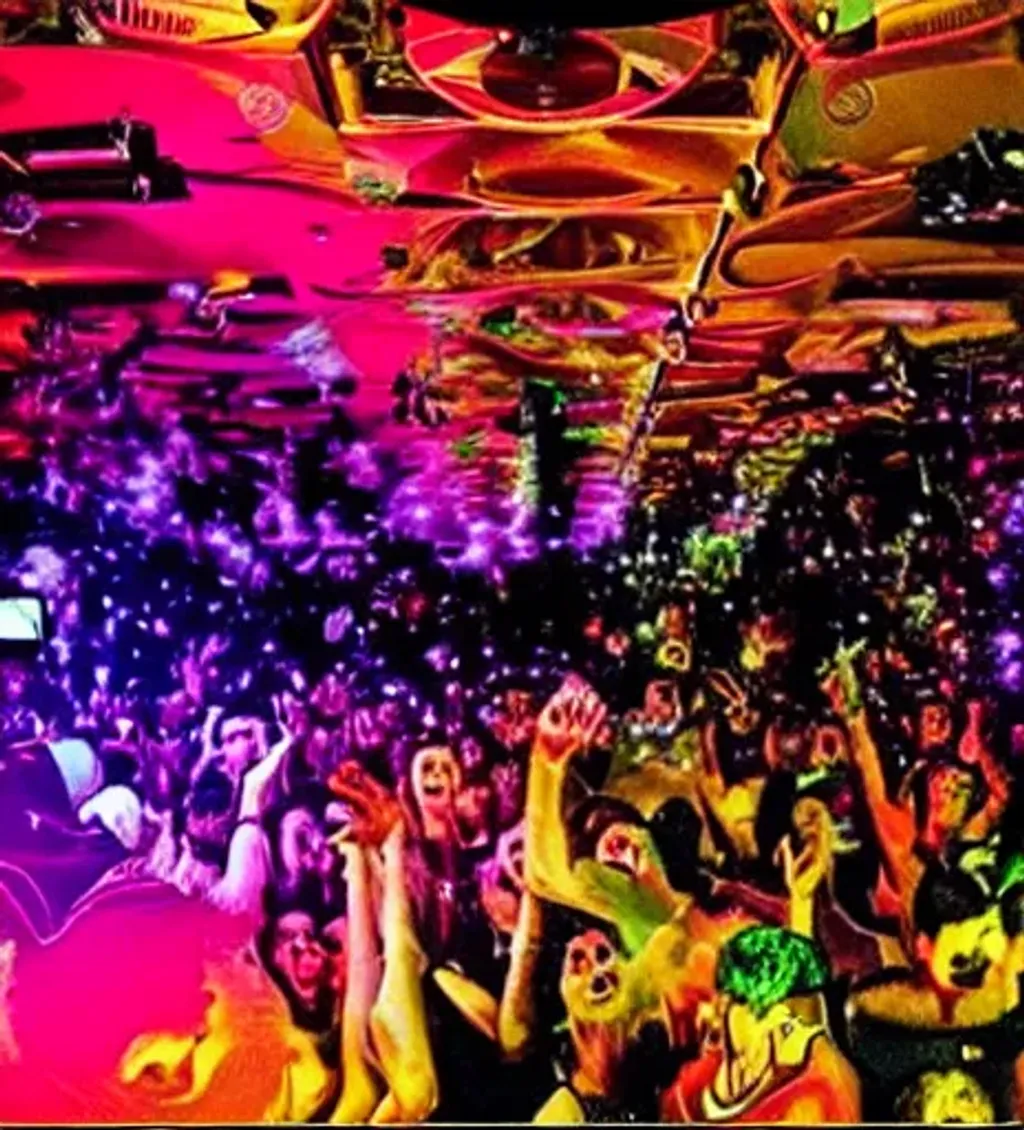 Prompt: high quality of what a man sees while smoking weed and getting very high and at the same time is drunk at a party or club