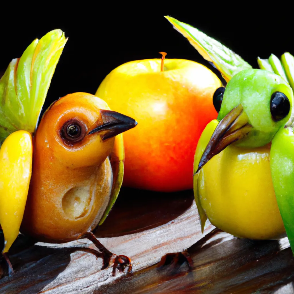 Prompt: Aexotic birds made out of fruit, high quality, 4k, photorealistic