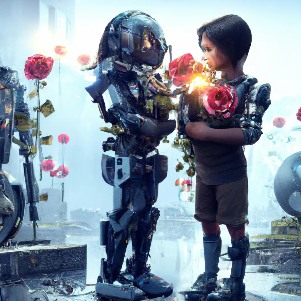 Prompt: 🙂 junk cute adorable handsome young boy and girl, wearing futuristic body armour in a dystopian wasteland, holding each other's hands with a red rose, 4 k, hyper realistic, dslr, high resolution, neon light mechanical parts, volumetric lights, sci - fi, blade runner, trending on artstation, sharp focus, studio photo, intricate details, highly detailed