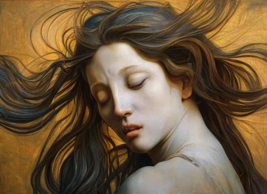 Prompt: Oil painting by Botticelli and artgerm,  profound grace and the essence of rhythm of lines with an atmosphere or stillness weighed down by despair, a beautiful human subject trapped in the limbo between aspiration and reality, purgatorial, depressing, artgerm, award-winning cgi, ambient light, luminous 