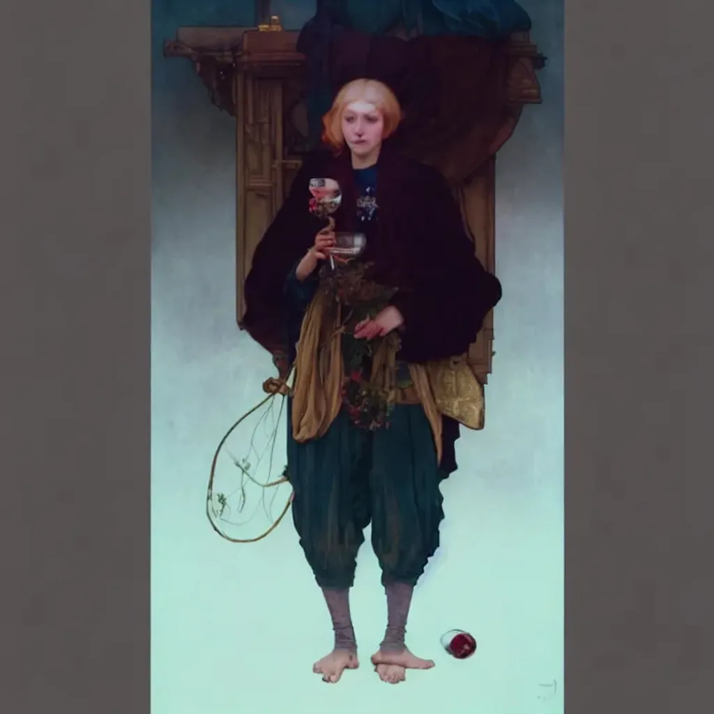 Prompt: a girl standing spilling the wine on the floor, white hair, yellow eyes, strong jawline, pale skin, freckles, gold coins, detailed face, dark atmosphere, castle, ruined buildings, attractive, HDRI, masterpiece, smooth, sharp focus, illustration, golden ratio,  dark robes, jewels, garden, art by Alan Lee Albrecht Durer alphonse mucha klimt