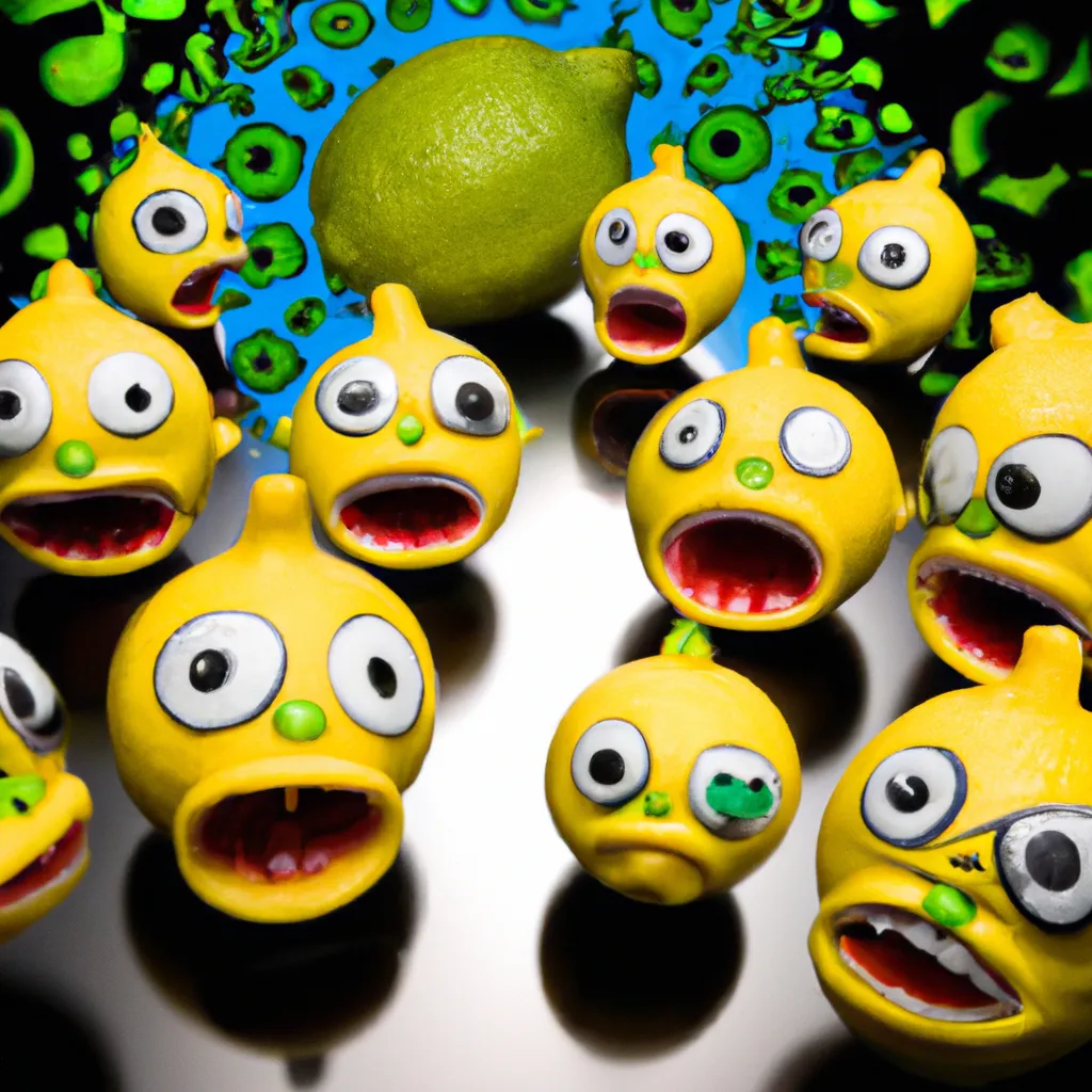 Prompt: A lemon gang, by Takashi Murakami, by Tony Diterlizzi, Circuitry, Paparazzi Photography, Wildlife Photography, DSLR, Daguerrotype, Field of View, 4-Dimensional, Happy, Angry