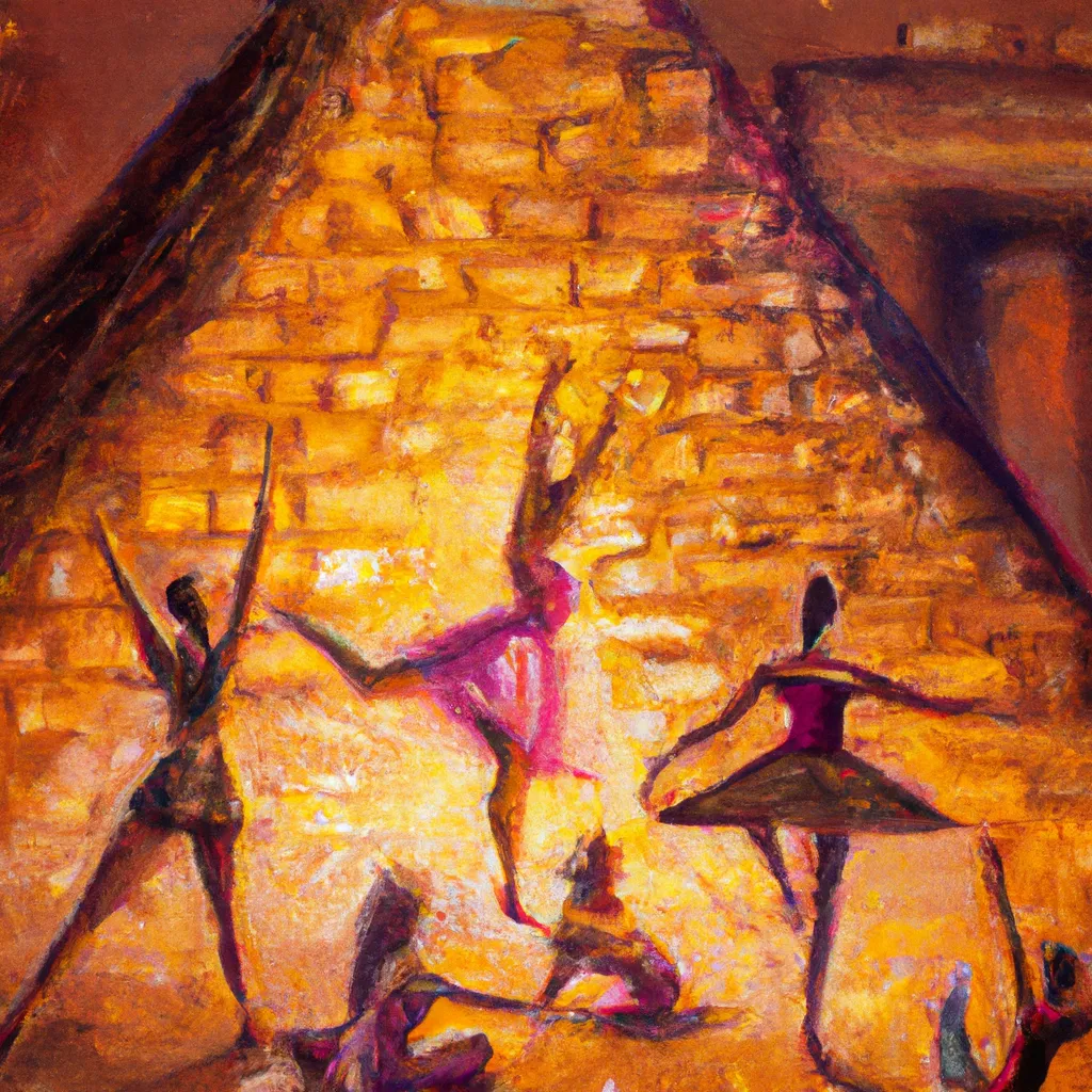 Prompt: detailed painting of ballerinas dancing in the pyramids in Ancient Egypt, cinematic lights, warm colors, beutiful textures