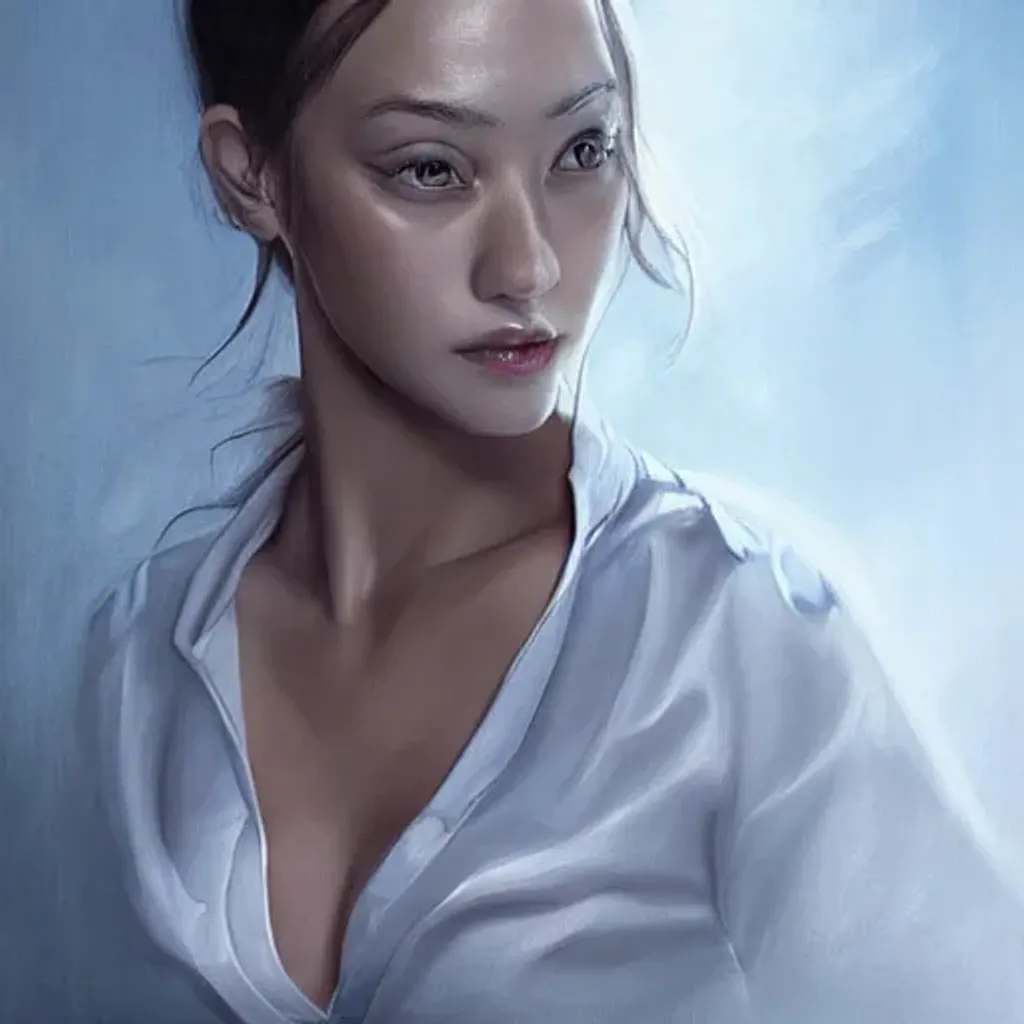 Prompt: a painting of a woman in a white shirt, a character portrait by Artgerm, cg society contest winner, fantasy art, reimagined by industrial light and magic, poster art, concert poster