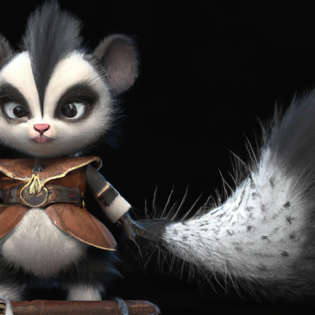 Prompt: Pixar style, tiny cute and adorable skunk  dressed in fantasy clothes, female, small, anthropomorphic ,adventurer, dramatic lighting, 8k, portrait, cartoon, fine details, 3d render, cinematic ,intricate details, cinematic lighting, cute, mascot, main character, adventure, dungeons and dragons, 8k, fluffy!, tsaoshin, pixar movie key visual, fantasy, DnD, adorable!, big eyes, animated, disney