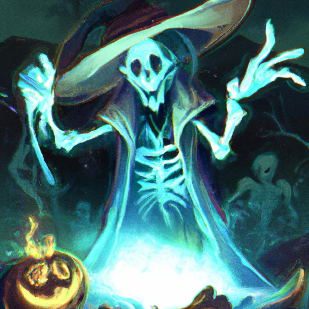 Prompt: A skeleton as witch doing doctor strange magic, Horror, Halloween, Digital art, Trending on artstation, Photorealistic illustration, Cinematic, Scary, Sadistic, anime
