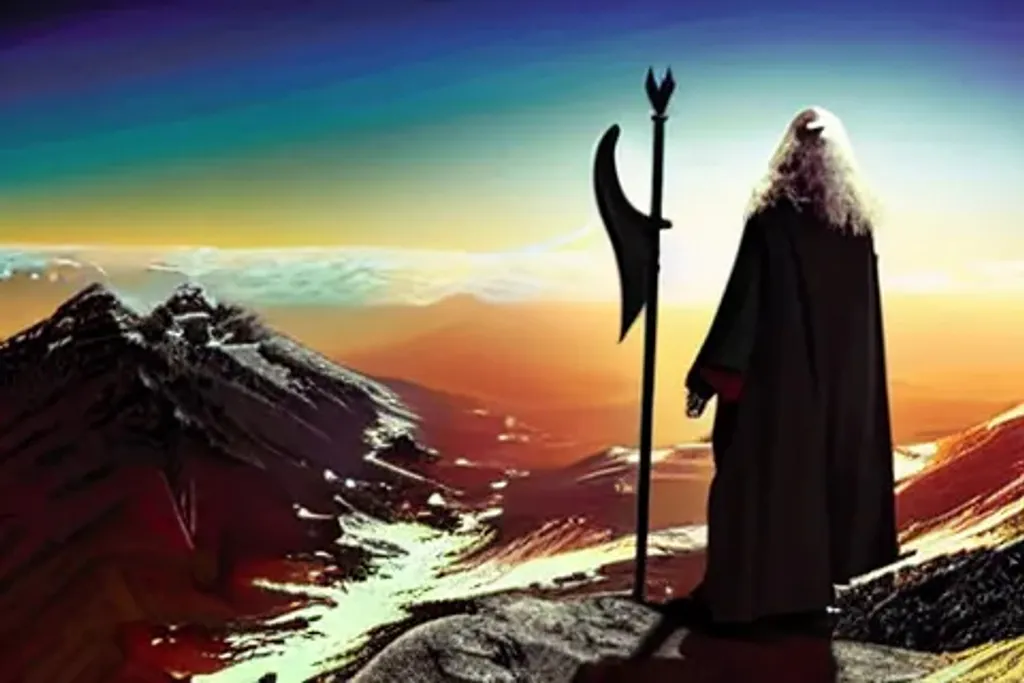 Prompt: Gandalf on top of a mountain watching the sunset
