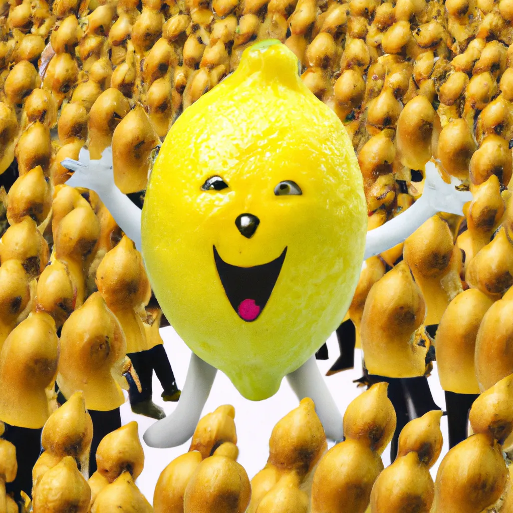 Prompt: 3-D, Photo-Realistic, Laughing Giant Lemon surround by huge crowd of, joyus, cheering, dancing, lemon admirers
