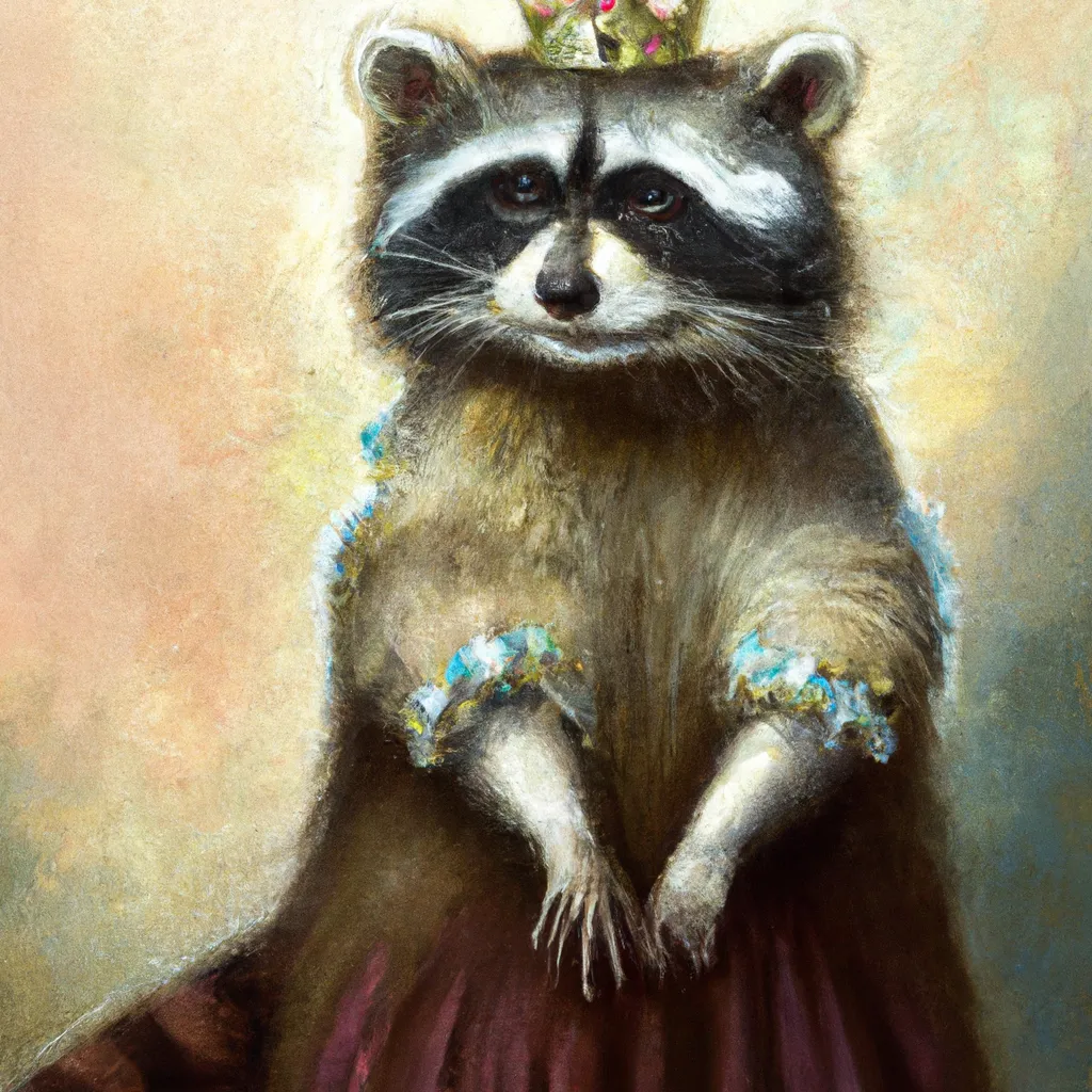 Prompt:  A painting of a queen raccoon in royal gown with crown on head by Franz Xaver Winterhalter