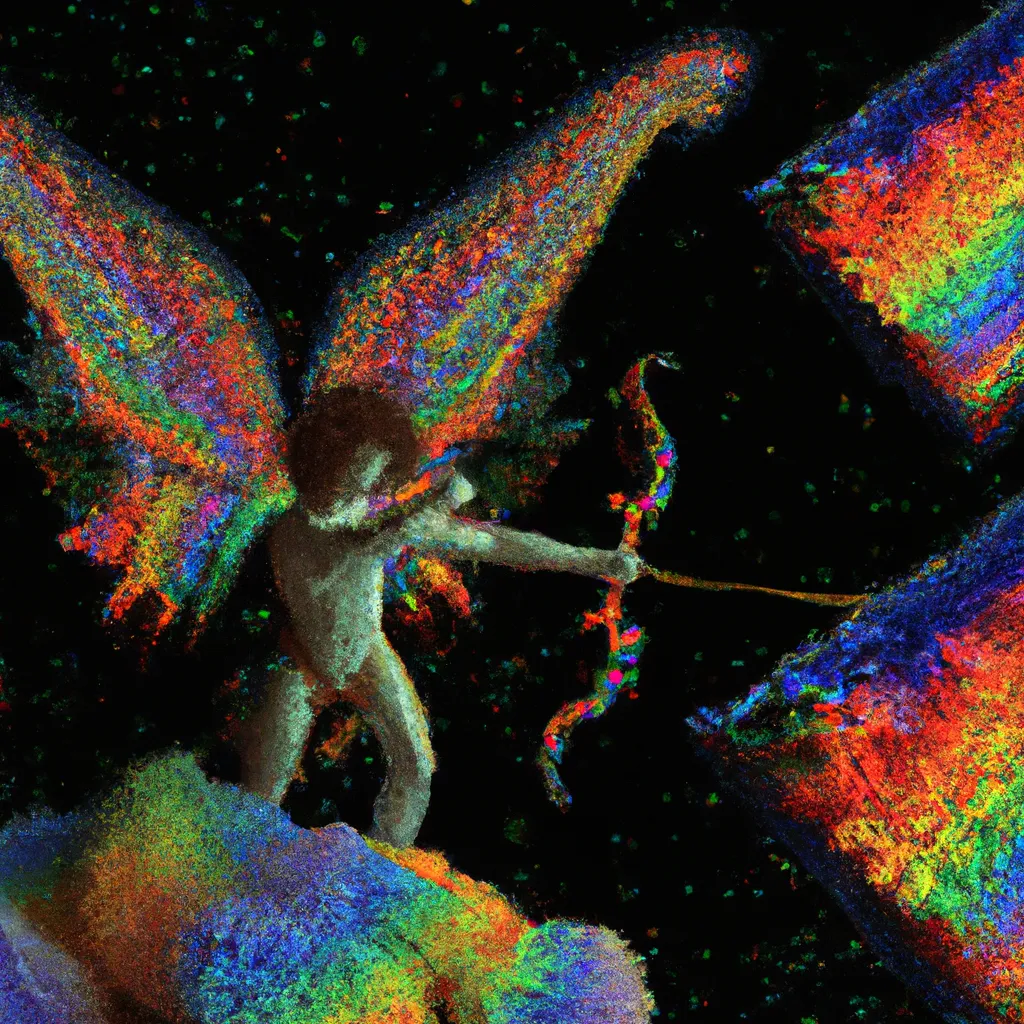 Prompt: an angel archer shooting for the stars, mad 4D render of mandelbrot set made of burning knitted rainbows