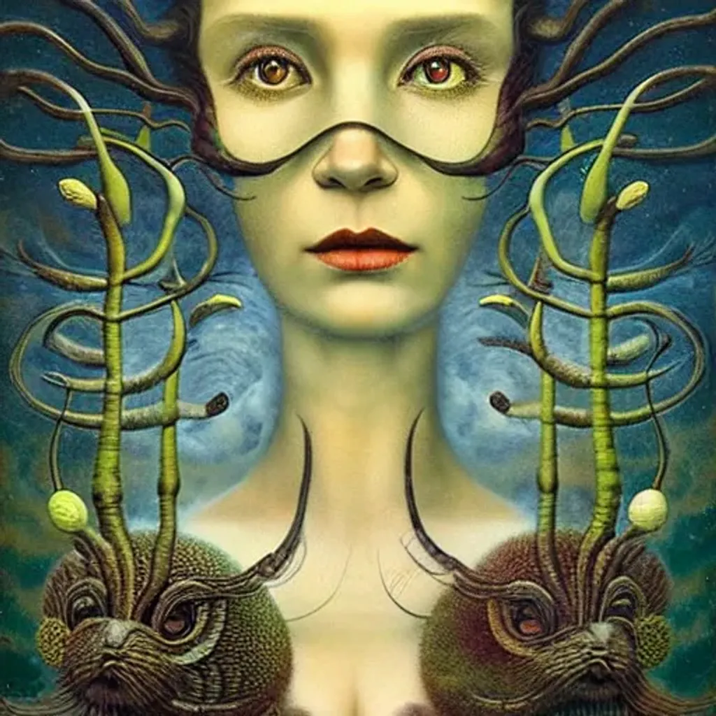 Prompt: Janus Hydra Peruvian arpillera Oxana dobrovolska victo ngai henry rousseau Vladimir kush peregrine heathcoate catrin welz-stein Andrea kurti Andrea kowch 