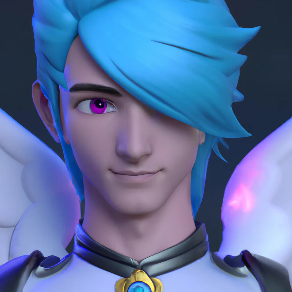 Prompt: Disney style，young prince with bigs eyes, blue hair, white wings, angel like, unreal engine, hyper detailed, photorealistic, octane render, with blue and pink lighting beside the character，4k