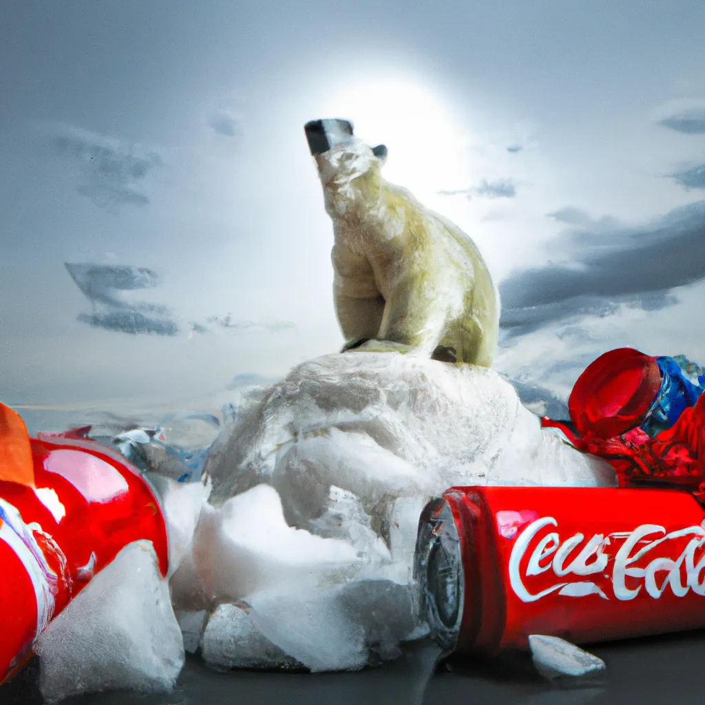 Prompt: a polar bear on top of the coca-cola garbage pile,  global warming, a dramatic photo about global warming and its effects on nature,  a skinny hungry polar bear, coca-cola garbage pile is departed from an ice block, wide angle 
