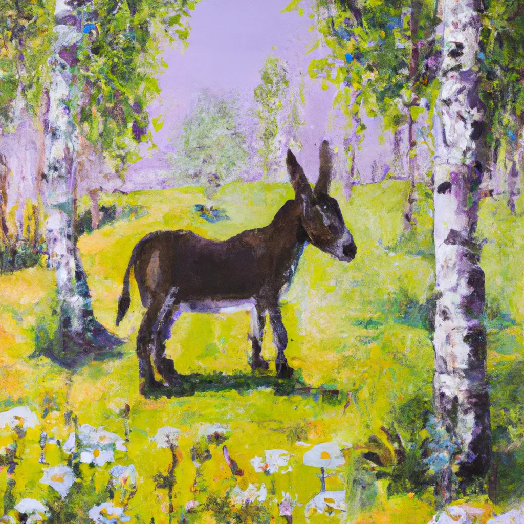 Prompt: painting of a donkey in a field of flowers, birch trees, scenic, idealic, soft light