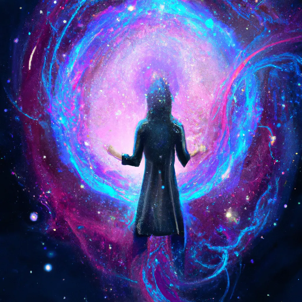 Prompt: Inter Dimensional Traveller, Magical Circle , Lyktion and it’s endless maze, Starry Cloak, Nebula Hair In Endless Void, Astral Currents, Cosmic Waves | 8K, Hdr, Fantasy, Techno-Pop, Dn, soft color palette, Karol Bak 