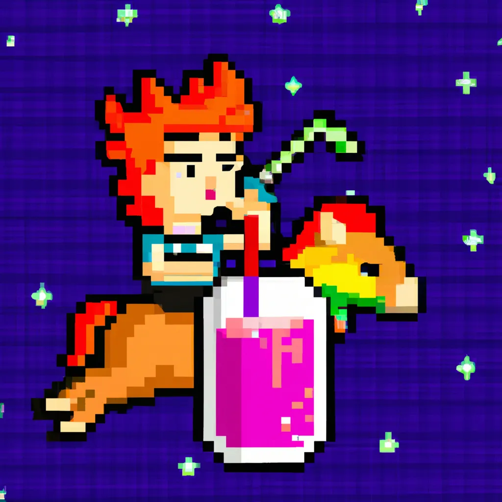 Prompt: Close-up pixel art of a man with curly orange hair drinking smoothie on a unicorn at space, galaxy 