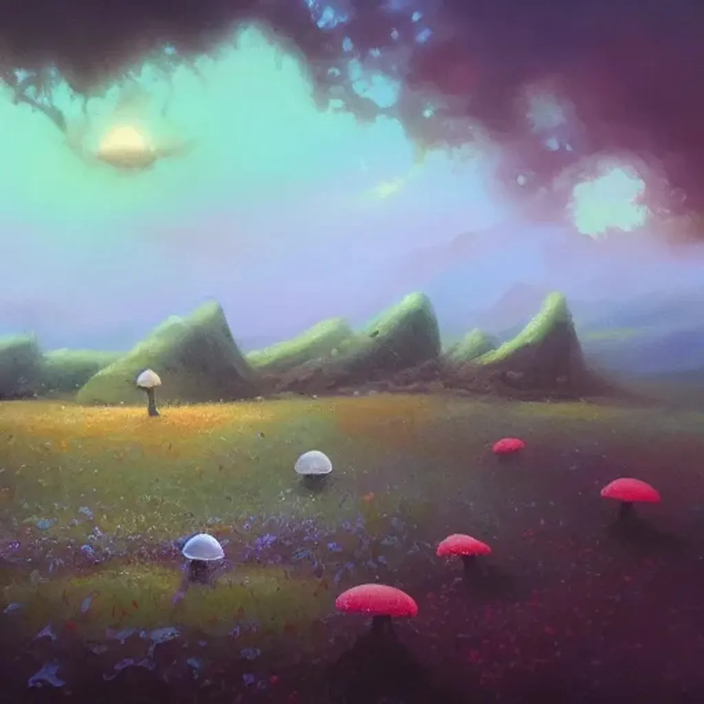 Prompt: Oil painting of a tiny cute fungi on an earth like fantasy landscape by Alejandro Bursido
