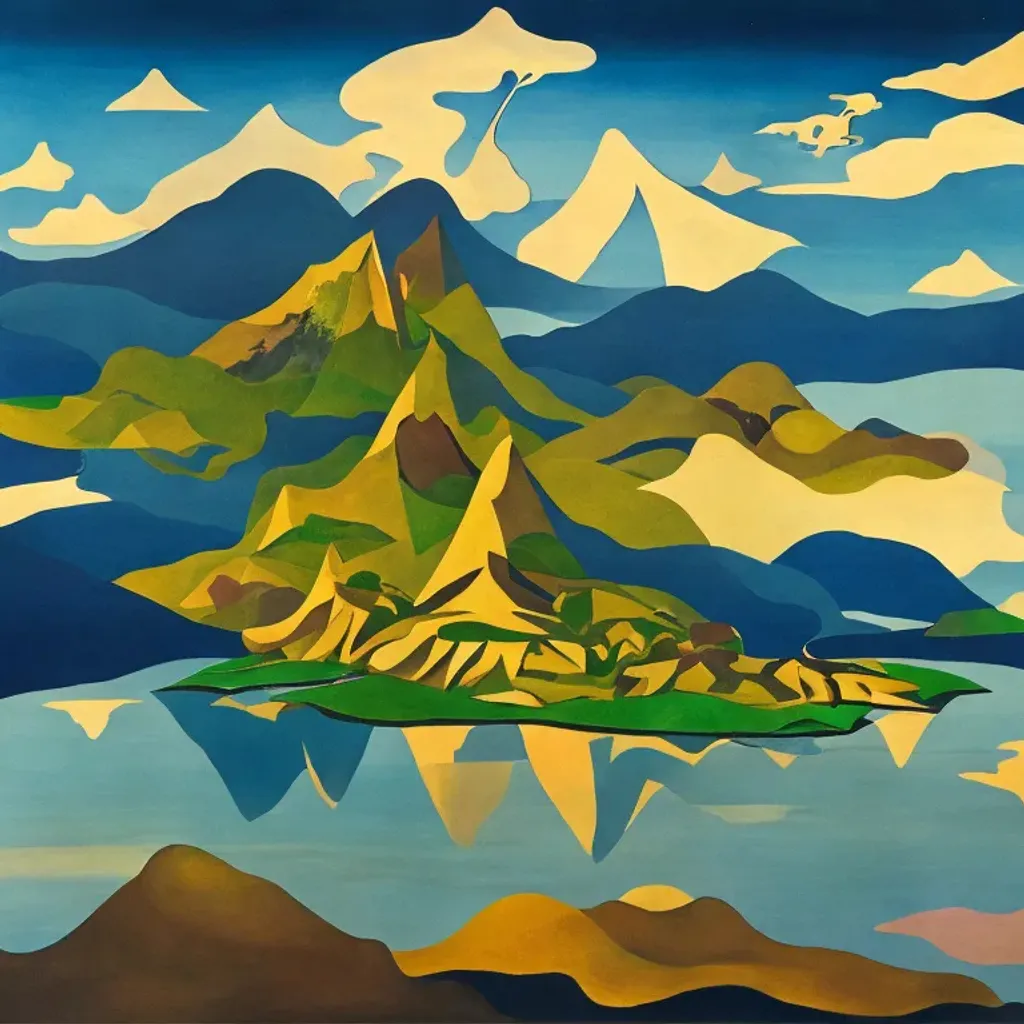 Prompt: a surreal landscape in the style of Salvador Dali featuring a large, looming mountain in the background. The mountain is made up of a variety of shapes and colors, with a few jagged edges and a few smooth curves. In the foreground, there is a lake with a few small islands in it. The lake is a deep blue color, and the islands are made up of various shapes and colors. There is a small boat in the lake, and a few birds.