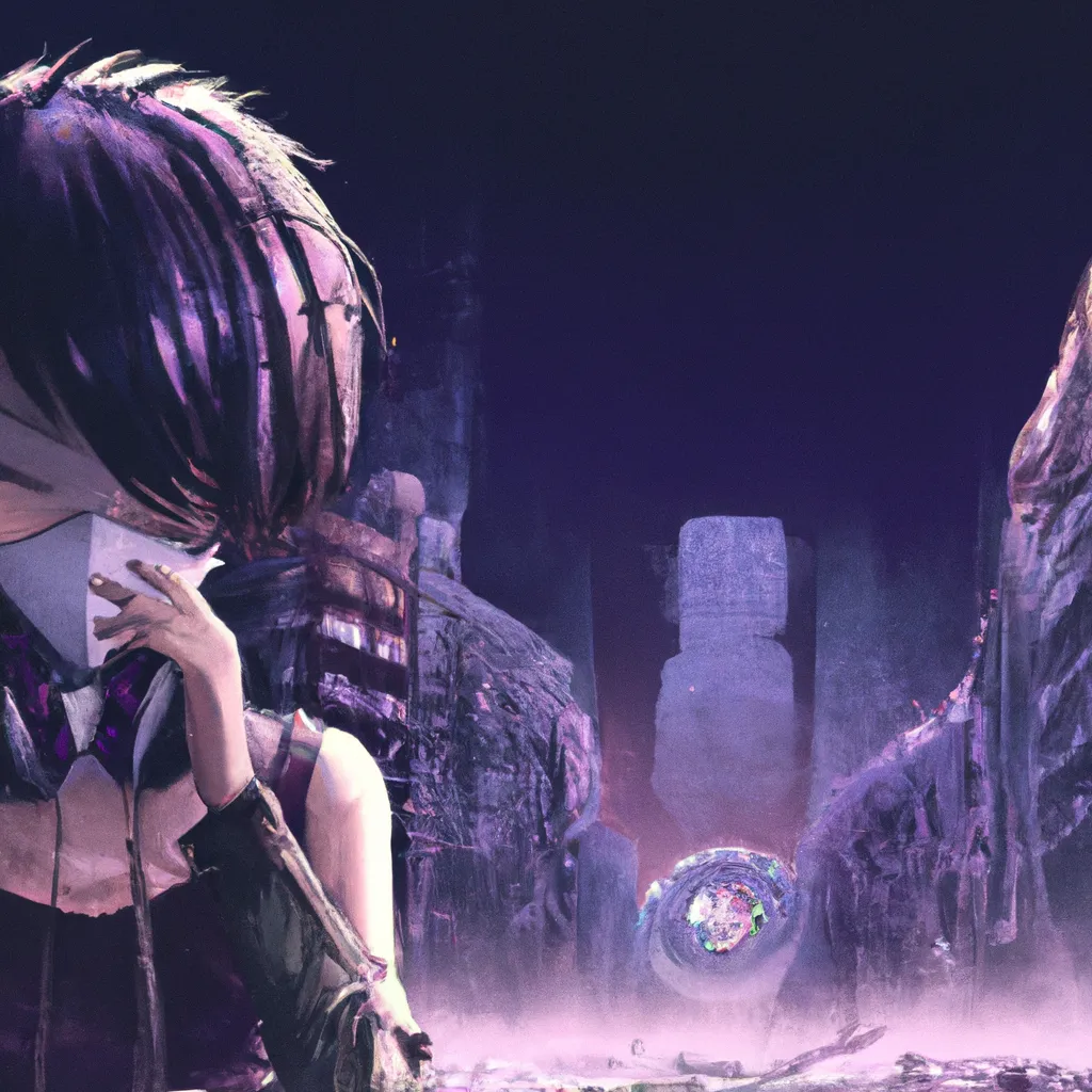 Prompt: A key anime visual of an Anime girl wearing a gasmask, short jet black hair, short Bob haircut,Art Deco,Trending artstation, cinematographic, pixiv, background is dystopian city that is broken down and in ruins, purple and blue colour pallete