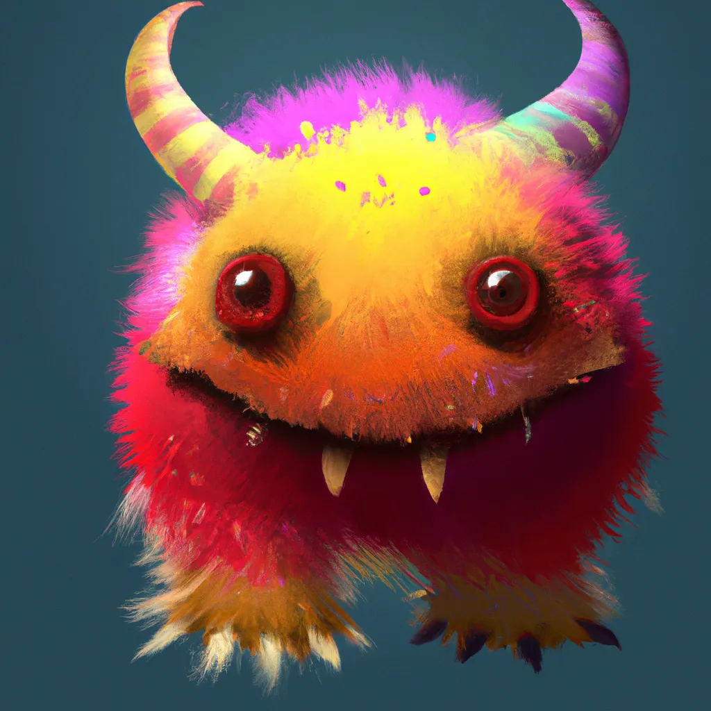 Prompt: Fuzzy Wuzzy Cute colorful Monster with  red eyes and an evil smile. Very realistic fur. 4K, HD Digital Art, Trending on ArtStation, UE4