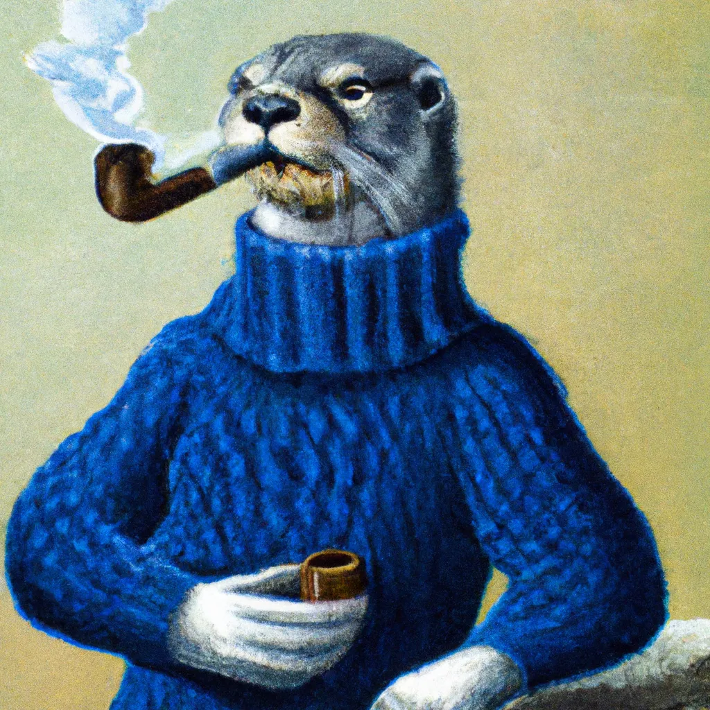 Prompt: An oil painting of a pipe smoking otter wearing a blue knit turtleneck sweater. 