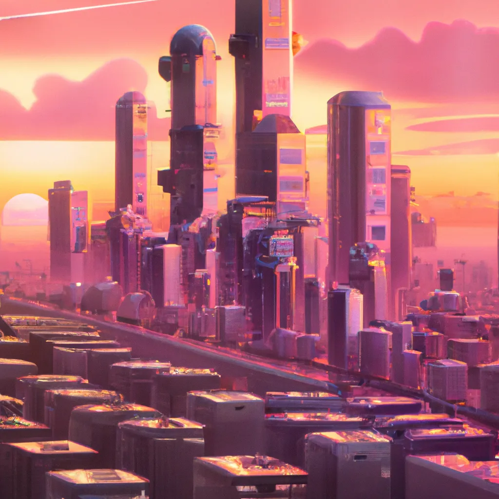 Prompt: Isometric futuristic city during pink sunset, tilt-shift, trending on ArtStation, matte painting by Greg Rutkowsky