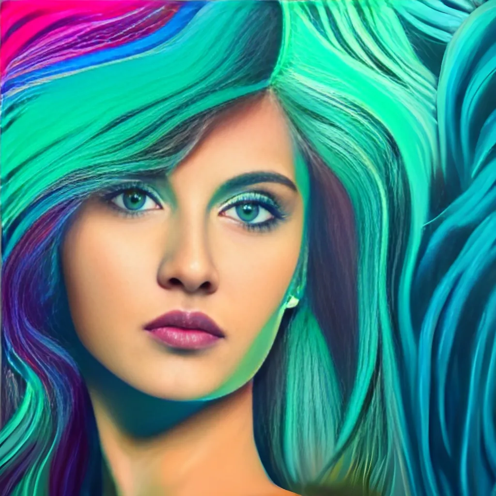 Prompt: detailed oil painting, film grain, beautiful woman, aqua wavy hair, wearing 80's blazer, detailed, 8k, perfectly shaded, triadic colors, synthwave background, neon, dynamic